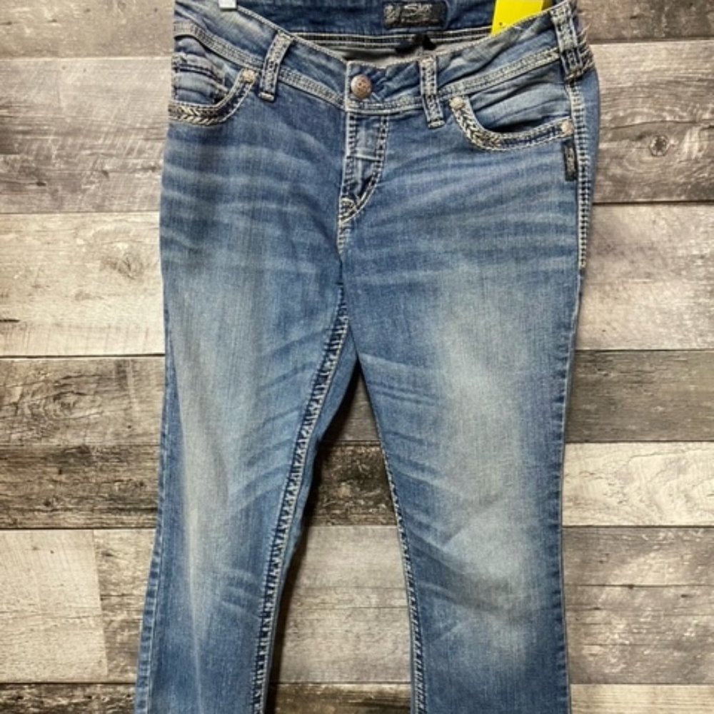 Womens 31/31 SILVER Jeans Suki Mid Slim Boot EUC